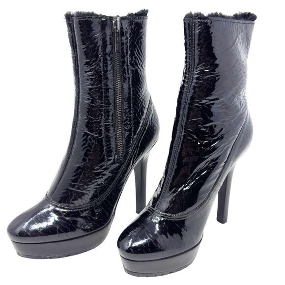 Jimmy Choo Patent Leather Shearling Platform Moto Biker‎ Lug Sole Boots Heels 38 - Picture 2 of 9